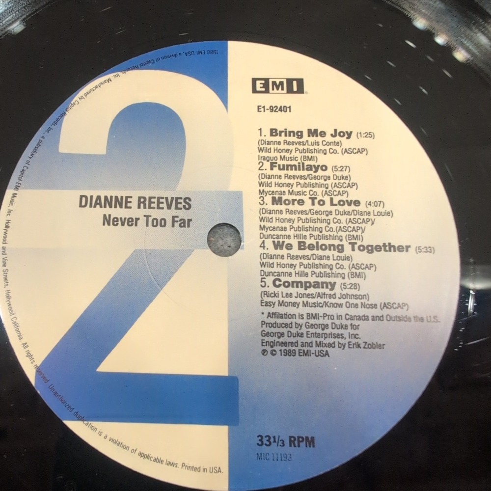 Dianne Reeves Never Too Far Vinyl LP 1989 EMI-USA E1-92401 Jazz R&B George Duke - Picture 8 of 8